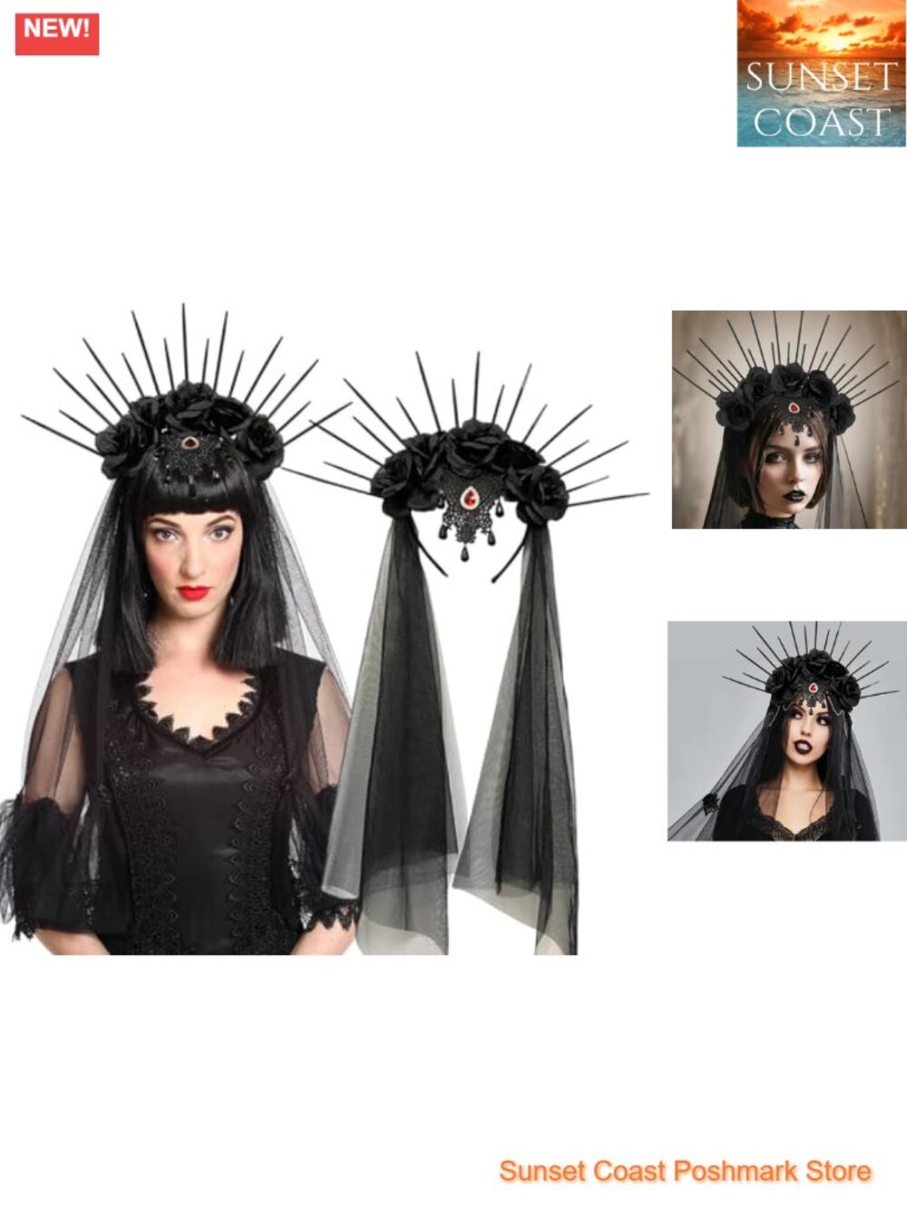 Gothic Halo Crown Headband with Black Veil Halloween Cosplay Hair Accessory